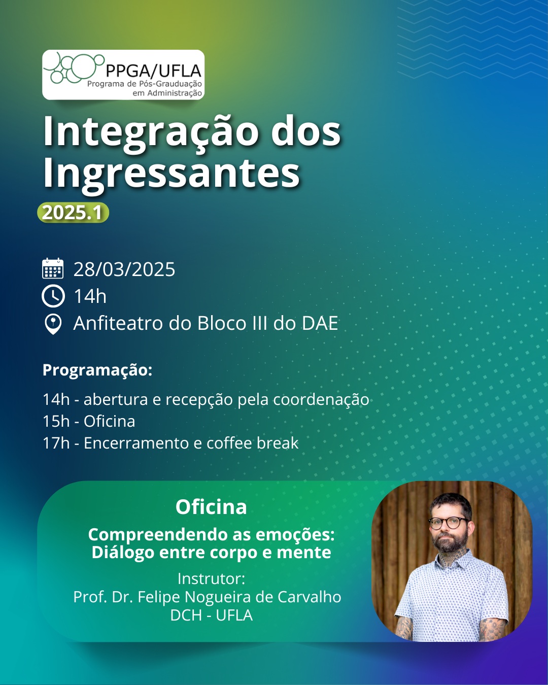 14h abertura e recepcao pela coordenacao 15h Oficina 17h Encerramento e coffee break